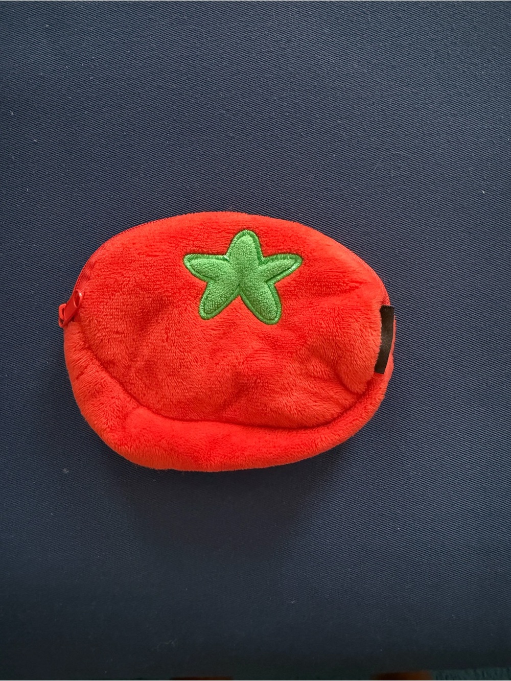 SHEIN Red Plush Tomato Coin Pouch with Green Embroidered Top